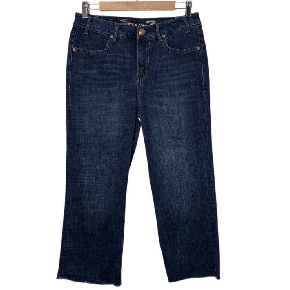 Seven7 High rise Straight Jeans Woman's 4 Cropped Raw hem Dark Wash Blue Denim